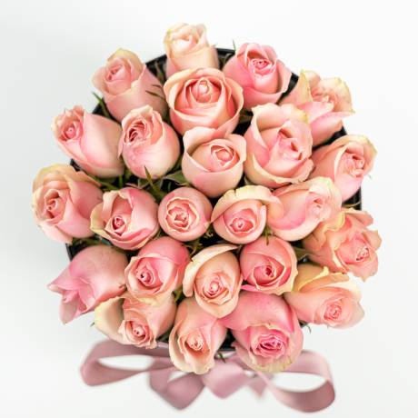25 нежно розовых роз в белой коробке